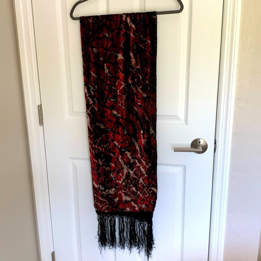 Velvet burnout scarf with fringe- silk blend- red and black made in Italy
